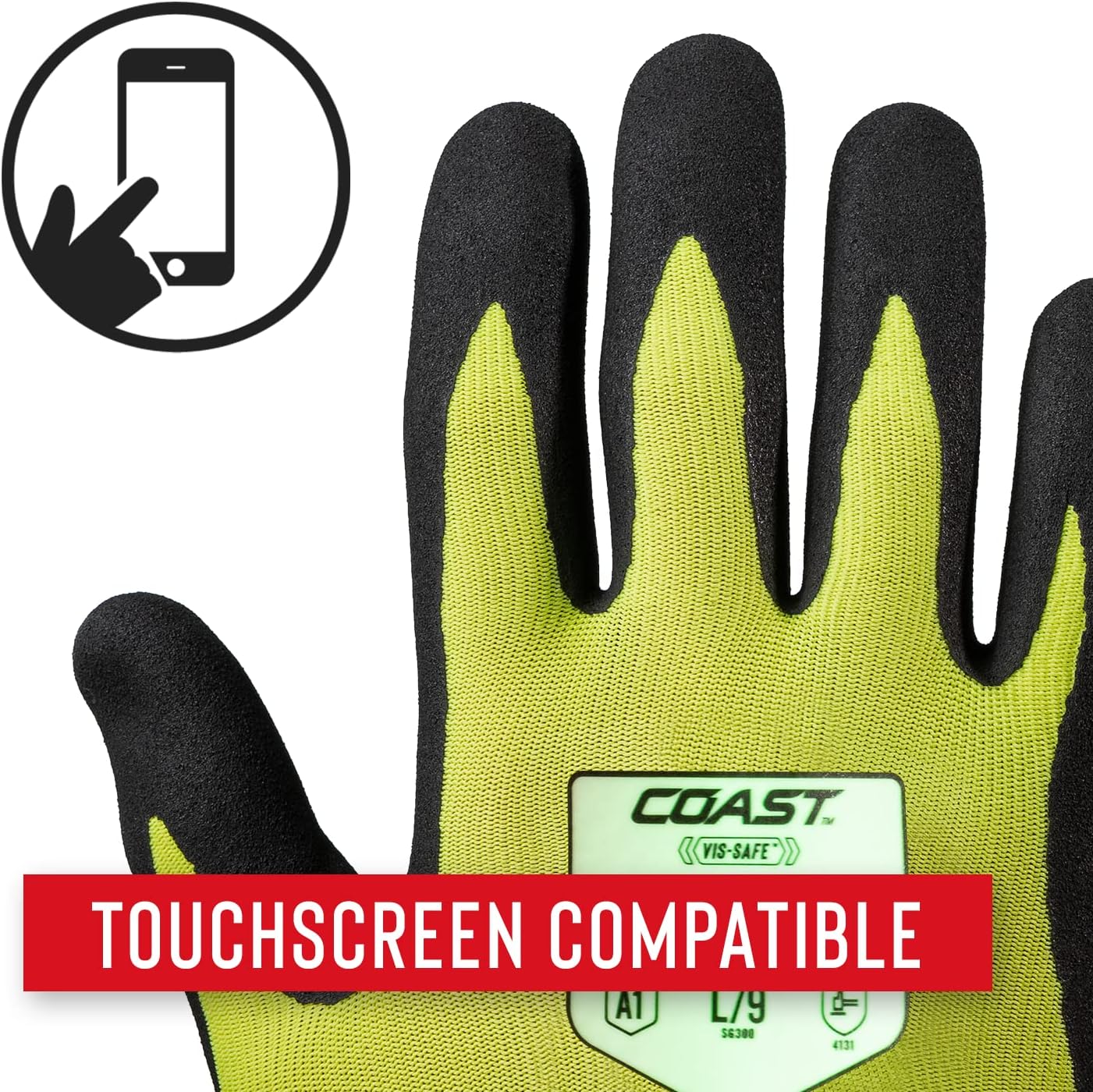 Coast SG300 High Visibility Glow Nitrile Safety Gloves, ANSI Cut Level A1, Touchscreen Compatible, Breathable, Yellow, Extra-Large (Pack of 2)