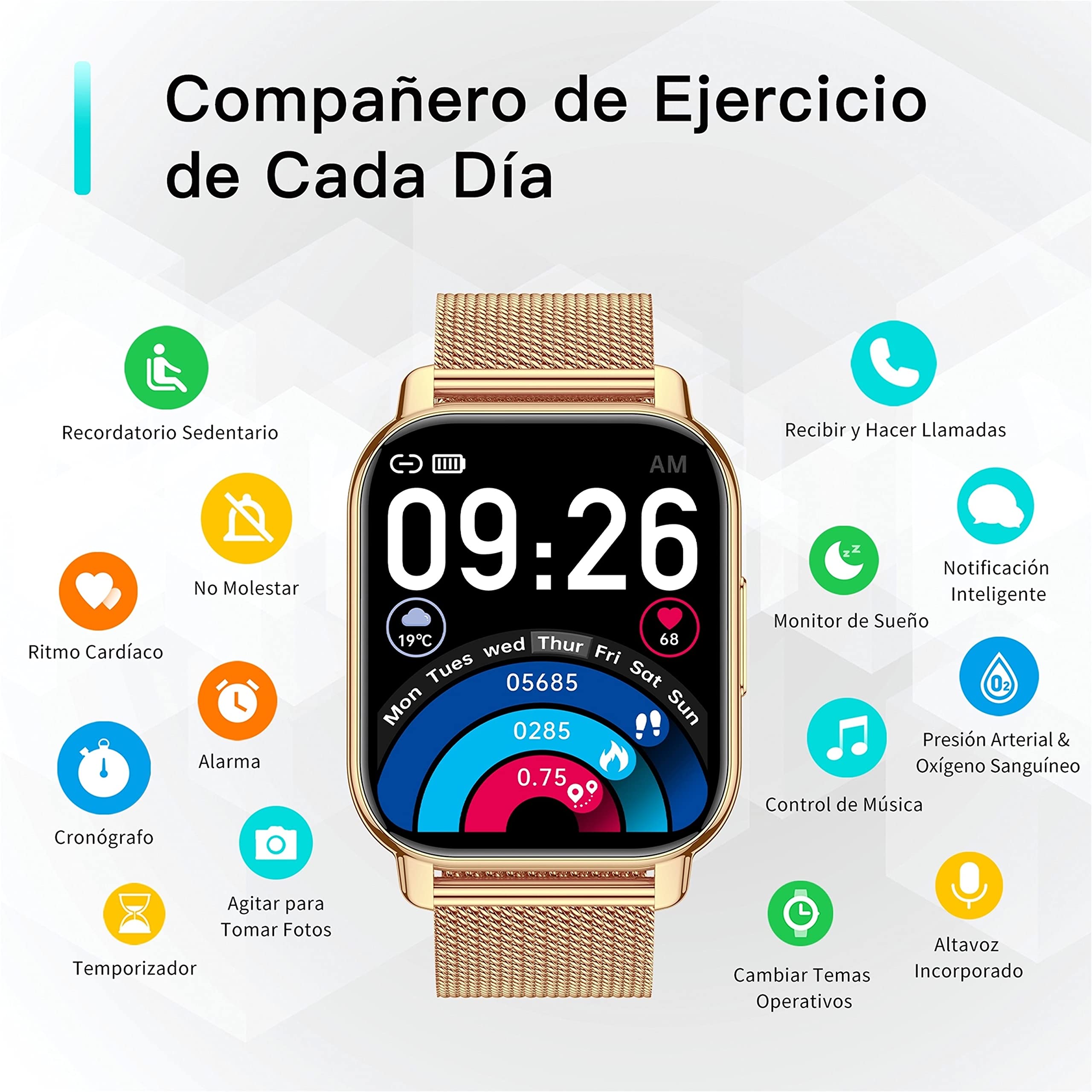 Popglory Reloj Inteligente Mujer, Llamadas/Presión Arterial/100+ Deportes Smartwatch Mujer, Frecuencia respiratoria Frecuencia Cardíaca Oxígeno en Sangre Sueño, Reloj Android iOS