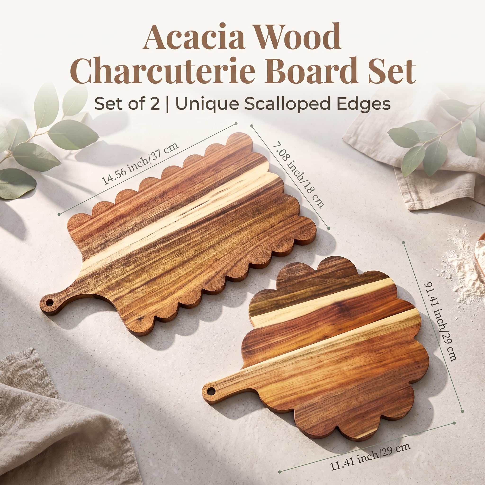 Set de 2 Planches à Découper en Bois d'Acacia, Planche a Decouper Bois avec Poignée, Pour Charcuterie, Fromage, Pizza, Viande, Fruits, Planche à Découper Design