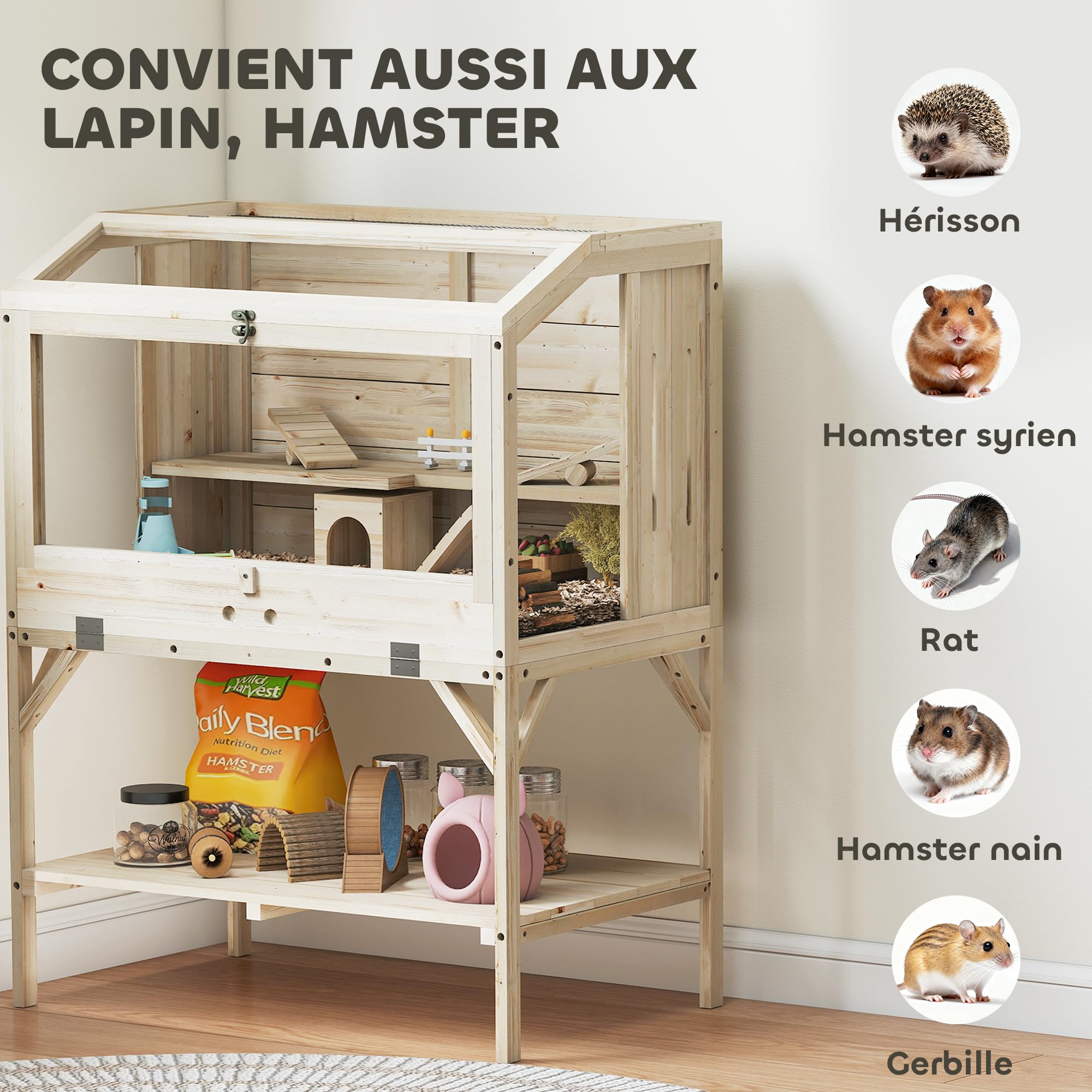 PawHut Cage Hamster en Bois, Cage Rongeur à 2 Niveaux, avec étagère de Rangement, Couvercle ouvrant, Plateau Amovible, Bascule, Rampe, pour Hamsters syriens, gerbilles, 84 x 53 x 110 cm, Bois Naturel