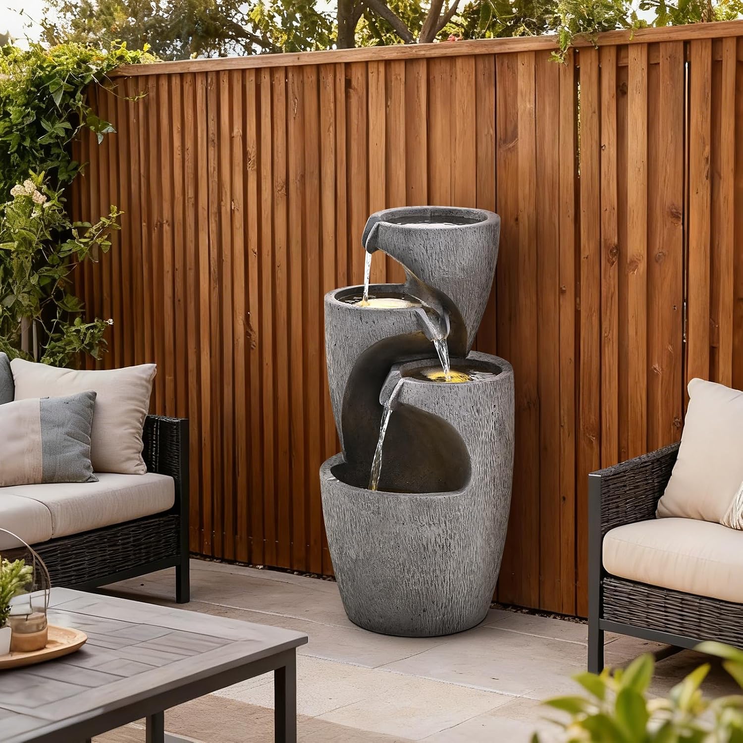 28in Outdoor Cascading Garden Water Fountain for Patio, Backyard, Deck, Porch and Home Decor, 3-Tiers Clay Pot Fountain with Lights Grey
