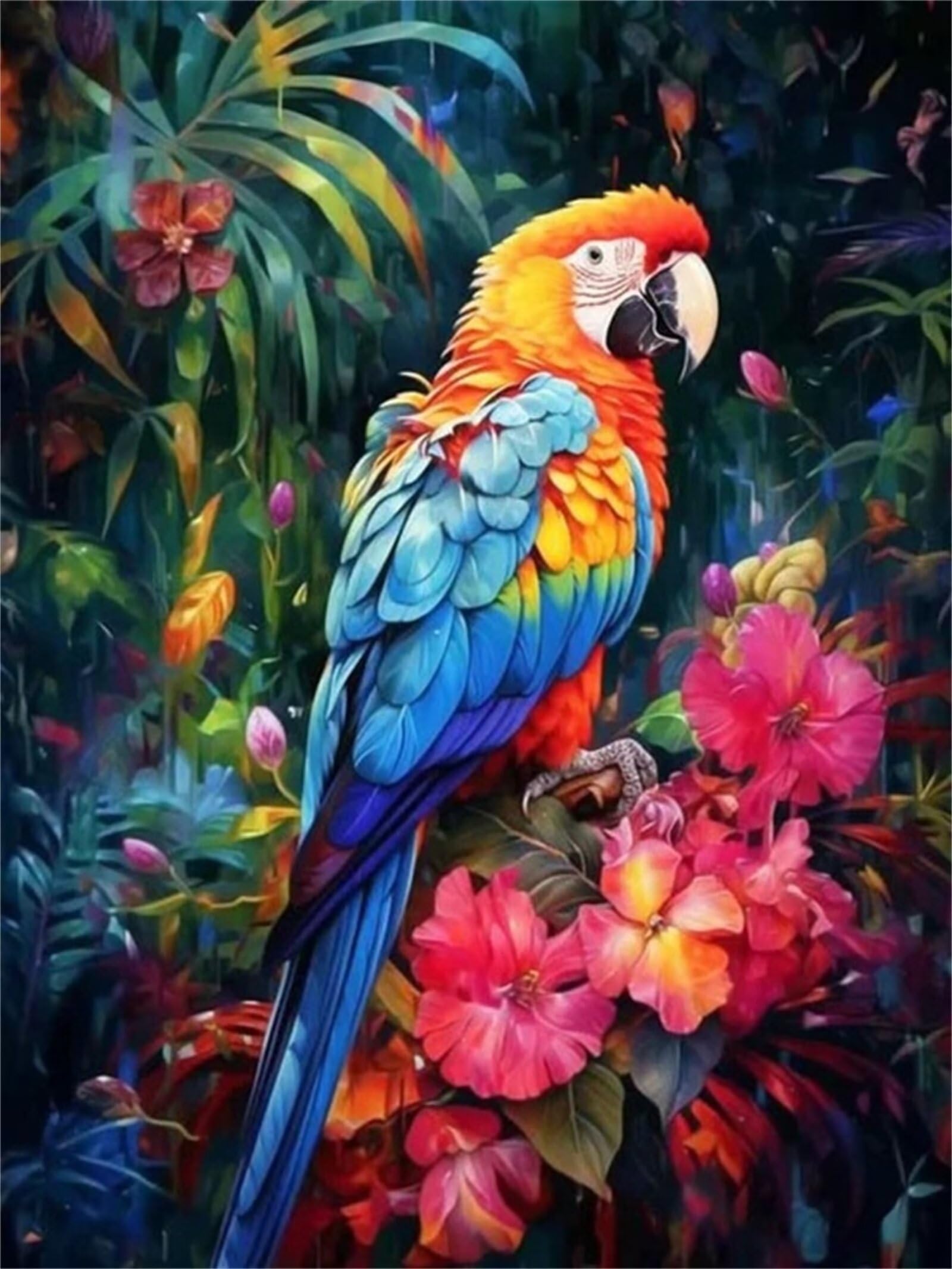 Hoonjiin Kit Diamond Painting 5D Pappagallo E Fiori - 90x120cm, Tela HD Con Diamanti Rotondi Extra