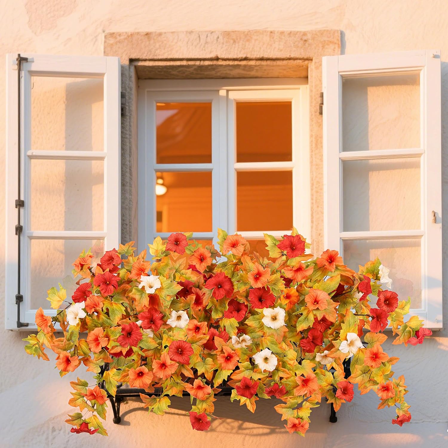 Artificial Fall Flowers Fake Petunias Plants for Outdoor Decoration, 2 Pcs Silk Faux Flowers UV Resistant No Fade Plants for Garden Balcony Yard Porch Realistic Indoor Decor (Orange White) - Image 5