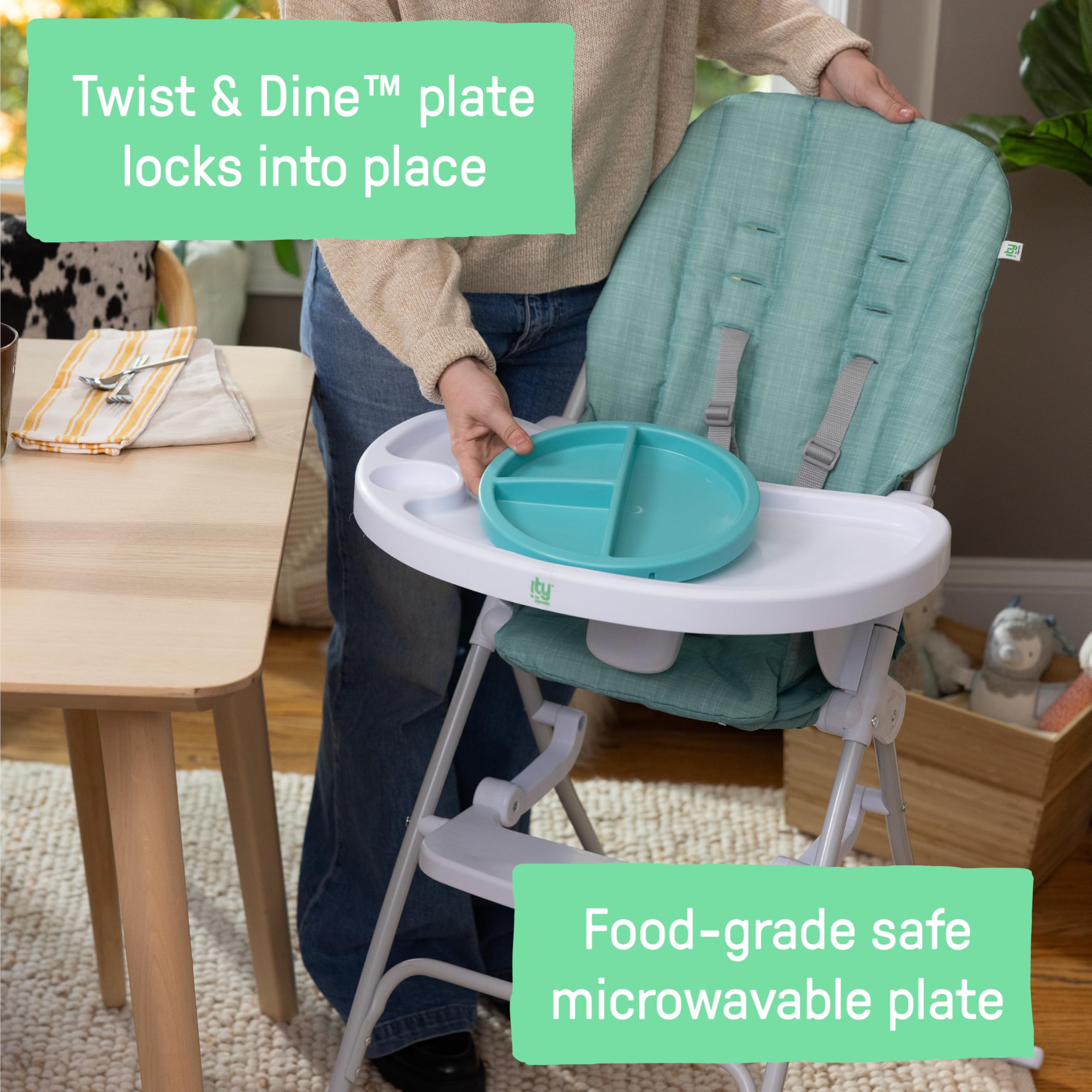 Ingenuity: ity by Ingenuity, Chaise Haute Pliable Compacte Sun Valley, Assiette Sûre Alimentaire, Harnais 5 Points, Dès 6 Mois, Unisexe - Turquoise