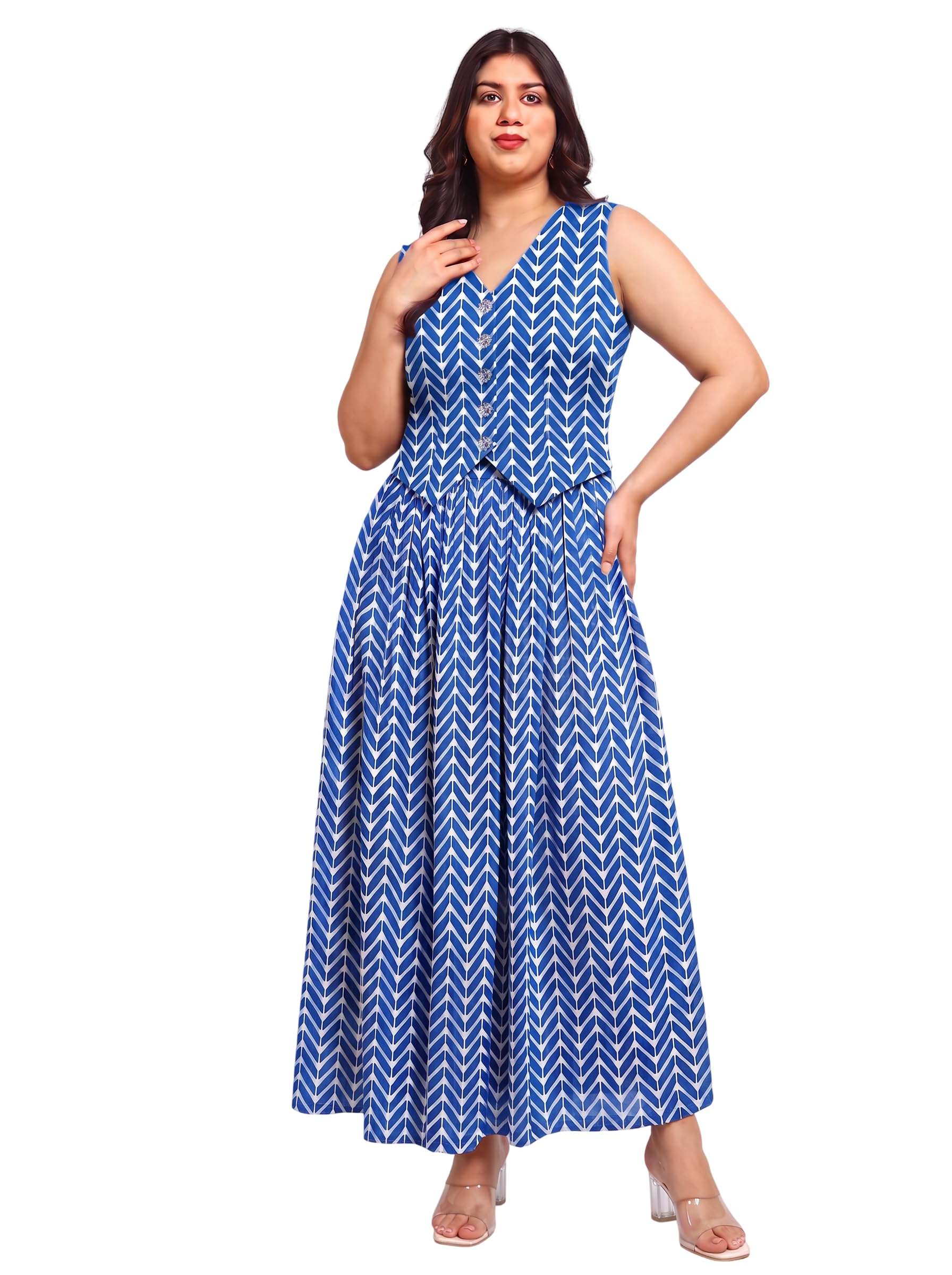 deebaco Printed Waistcoat & Flared Skirt Co-Ord Set for Women's|Sleeveless V-Neck Loose Fit Casual Fashionable Co-ord Set|Ladies Party Casual Wear Outfits Summer Stylish Collection (Blue)-picture-35