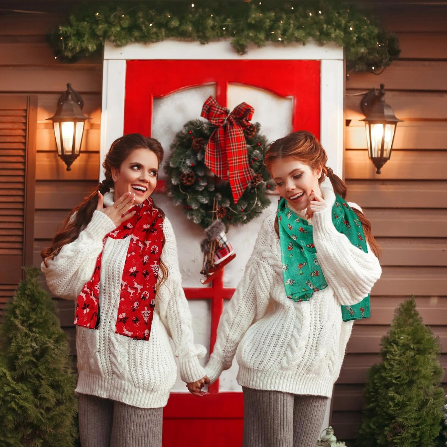 Tarpop 4 Pieces Christmas Sheer Scarf Xmas Santa Scarf for Women Soft Lightweight Snowman Scarves Red Green Thin for Holiday Supplies - Image 4