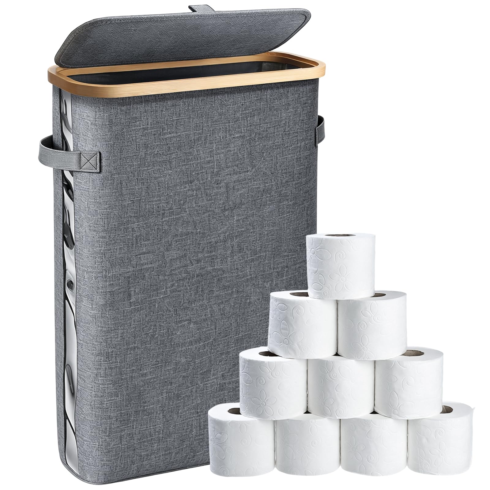 42L Contenitore Porta Carta Igienica con Coperchio Grigio Impermeabile Cestino per Carta Igienica per Bagno e Casa Rotoli di Carta Igienica e Accessori