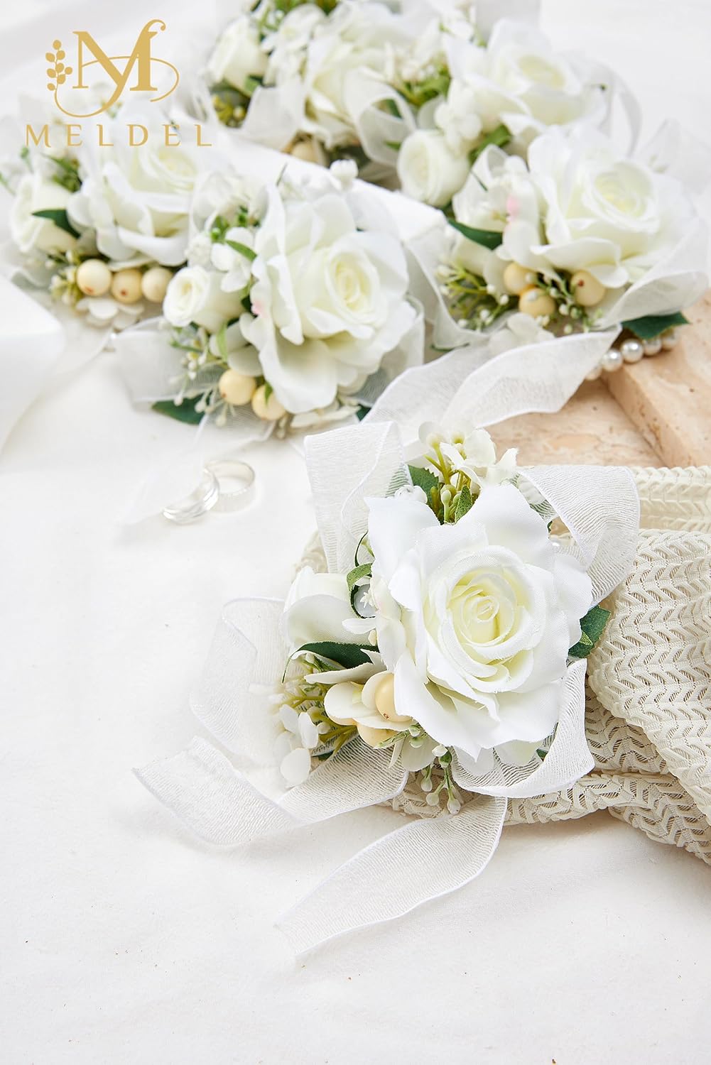 Meldel White Wrist Corsage for Women Bride Bridesmaids Wedding, Set of 6, Artificial Rose Corsages Wristlet for Prom Suit Accessories Bridal Shower Mother Homecoming Flowers Party Ceremony Anniversary
