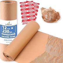 Honeycomb Packing Paper 12"Wx230'L-Bubble Wrap Substitute Alternative for Shipping, Moving Supplies, Small Business Packaging, Packing Boxes & Gifts Wrapping Paper with 20 Fragile Stickers