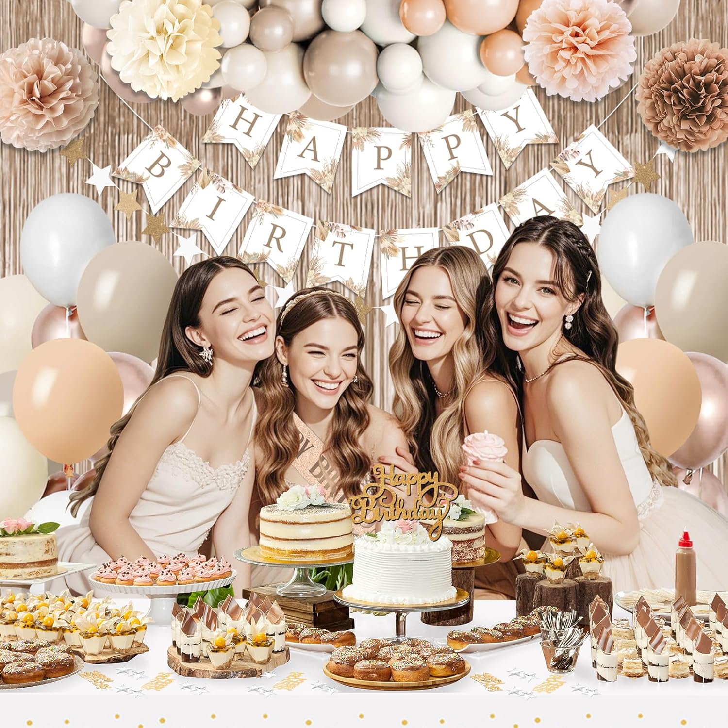 Birthday Decorations for Women, Party Decorations for Women with Beige Cream Neutral Balloons Birthday Sash Tablecloth Happy Birthday Banner Neutral Boho Bday Decorations for Men Woman Boys Girl - Image 5