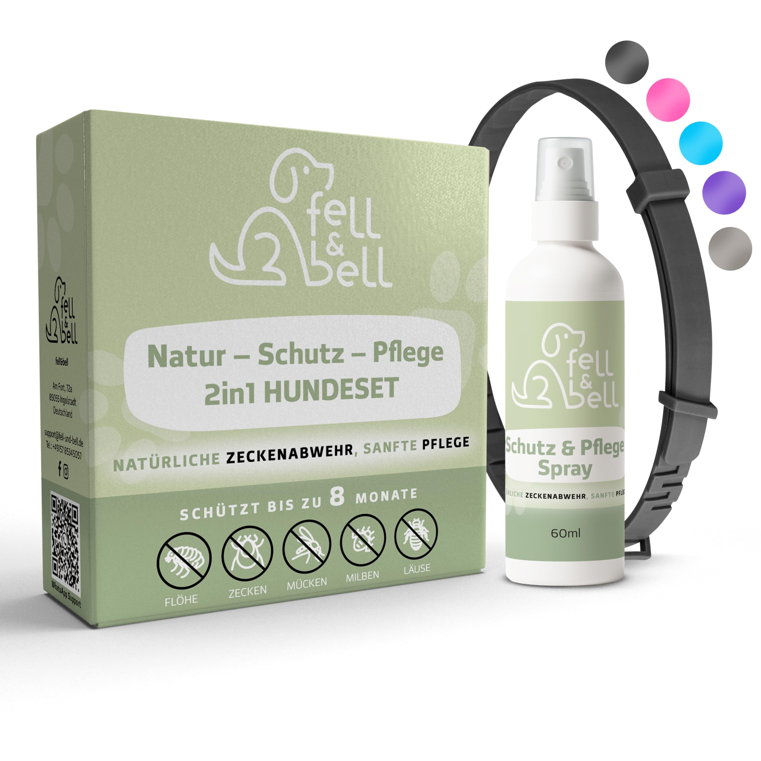fell&bell Zeckenhalsband Mit 60 ml Kokos-Pflegespray – Natürliche Öle Gegen Ungeziefer – Hunde Halsband In 5 Farben – Bis 8 Monate Schutz – Flohhalsband - Wasserfest – Für Alle Hunde (Schwarz)