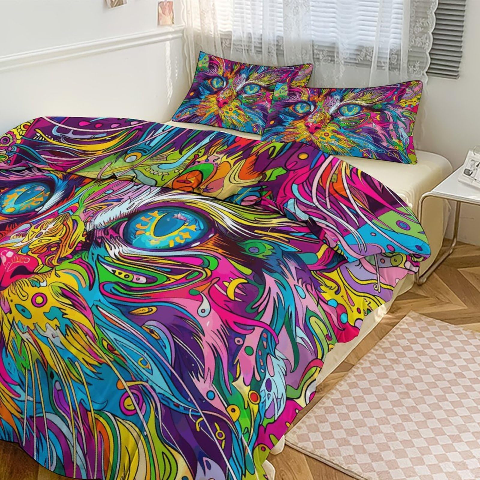 Housse de couette ultra douce et respirante motif chat pour grand lit