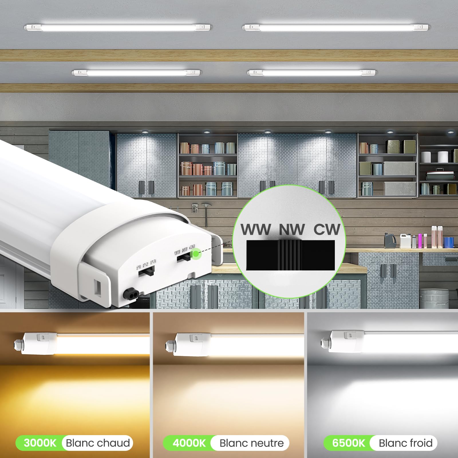 ALUSSO Lot de 2 Réglette LED 150 cm,3CCT Lumen réglables Tubes pour bureau | AC 220-240V,3000K/4000K/6500K,3300LM/5280LM/6600LM réglables,4 lampes en série,neon led pour garage,Cave,entrepôt, atelier