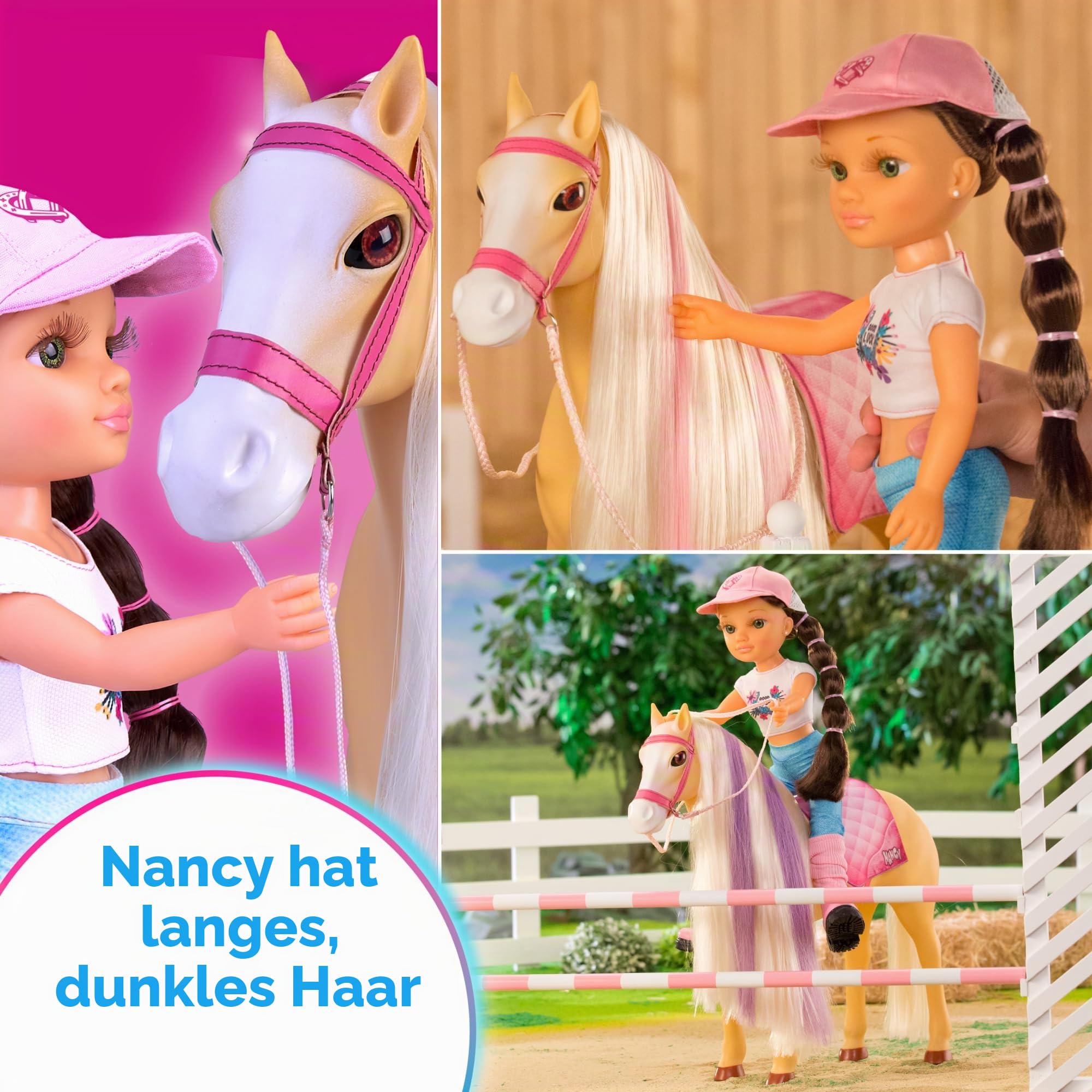 NANCY - A Day with her Horse, Modepuppe mit Pferd, Pflegezubehör, Bürstenschwamm, der die Farbe des Mähnenhaars verändert, für Jungen und Mädchen ab 3 Jahren, Famosa (NAC49000)