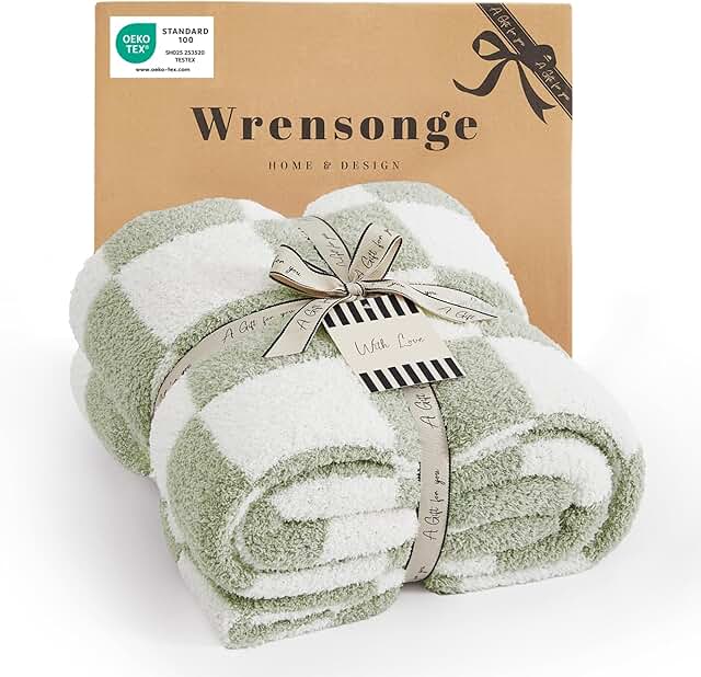 WRENSONGE Checkered Throw Blanket, Sage Green Soft Cozy Fluffy Hand Made...