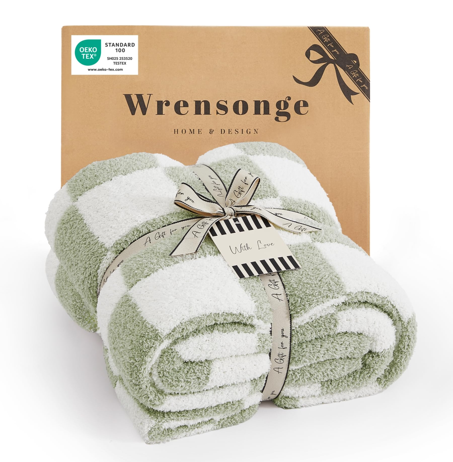 WRENSONGE Checkered Throw Blanket, Sage Green Soft Cozy Fluffy Hand Made Throw Blankets for Couch, Sofa, Chair, Bed, Camping, Picnic, Travel Lightweight Bed Blankets for Women Mothers Birthday Gifts