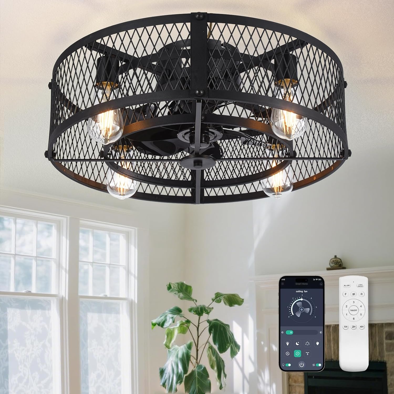 Caged Ceiling Fan with Light: 20 Inch Ceiling Fan with Remote APP Control Quiet DC Motor - Farmhouse Ceiling Fans for Rustic Kitchen Bedroom (E26 Bulbs Included)