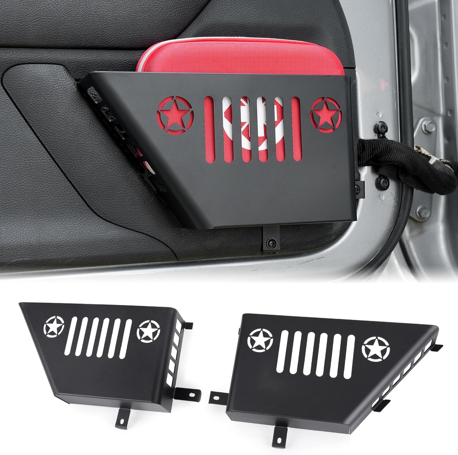 FUNY Metal Front Pocket Storage with Cup Holder Compatible with 2007-2018 Jeep Wrangler JK/JKU, Door Organizer Panel, Matte Black Finish, 2pc