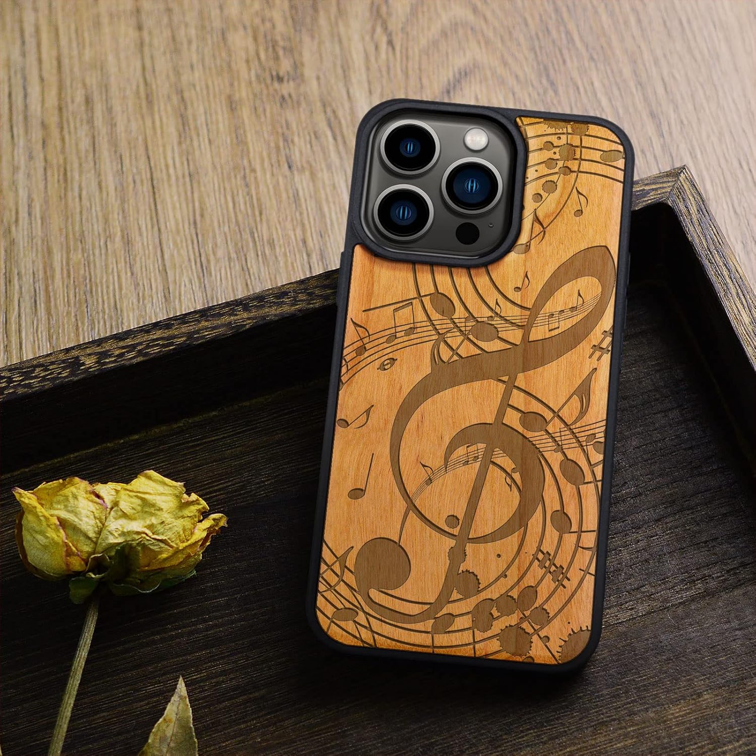 Carveit Magnetic Wood Case for iPhone 14 Pro Case [Natural Wood & Black Soft TPU] Unique & Classy Wooden Shockproof Protective Cover Compatible with magsafe (Musical Note -Cherry)