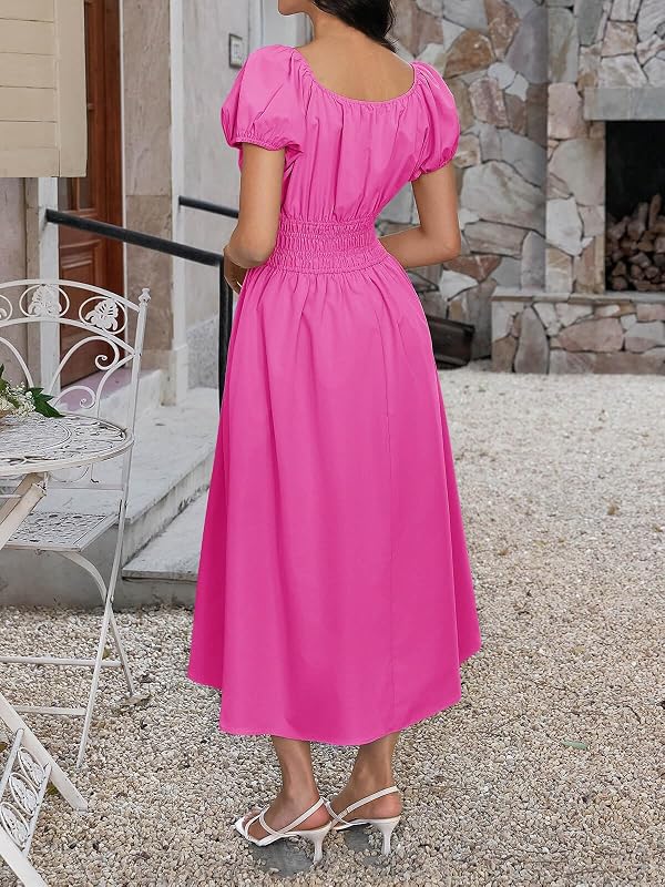 Yousify Women Midi Dresses for Summer 2026 Short Sleeve Casual Flowy Dress Scoop Neck Smocked Beach Sundress with Pockets Pink by Yousify - Used condition - Image 4