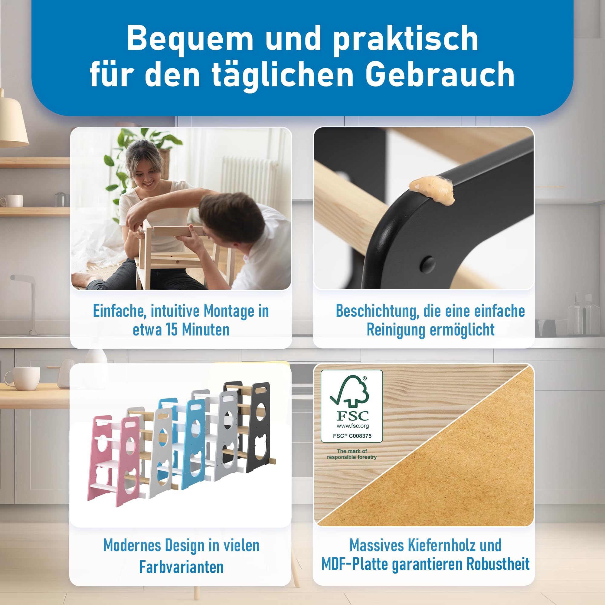 Lernturm für Kinder - Stylisch Mit Kippschutz und Höhenverstellbar - Montessori Küchenhelfer und Learning Tower | Ab 1 Jahr | Little Helper
