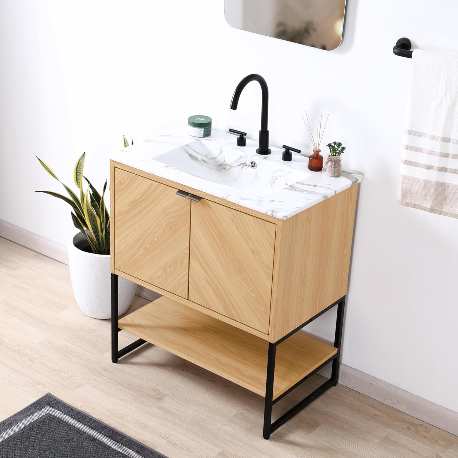 JONATHAN Y VAN1014A Juhl 30 in. W x 18 in. D x 33 in. H Chevron-Front Modern Minimalist 2-Shelf Bathroom Vanity Cabinet Only with Soft Closing Doors (Sink Basin Not Included), Oak