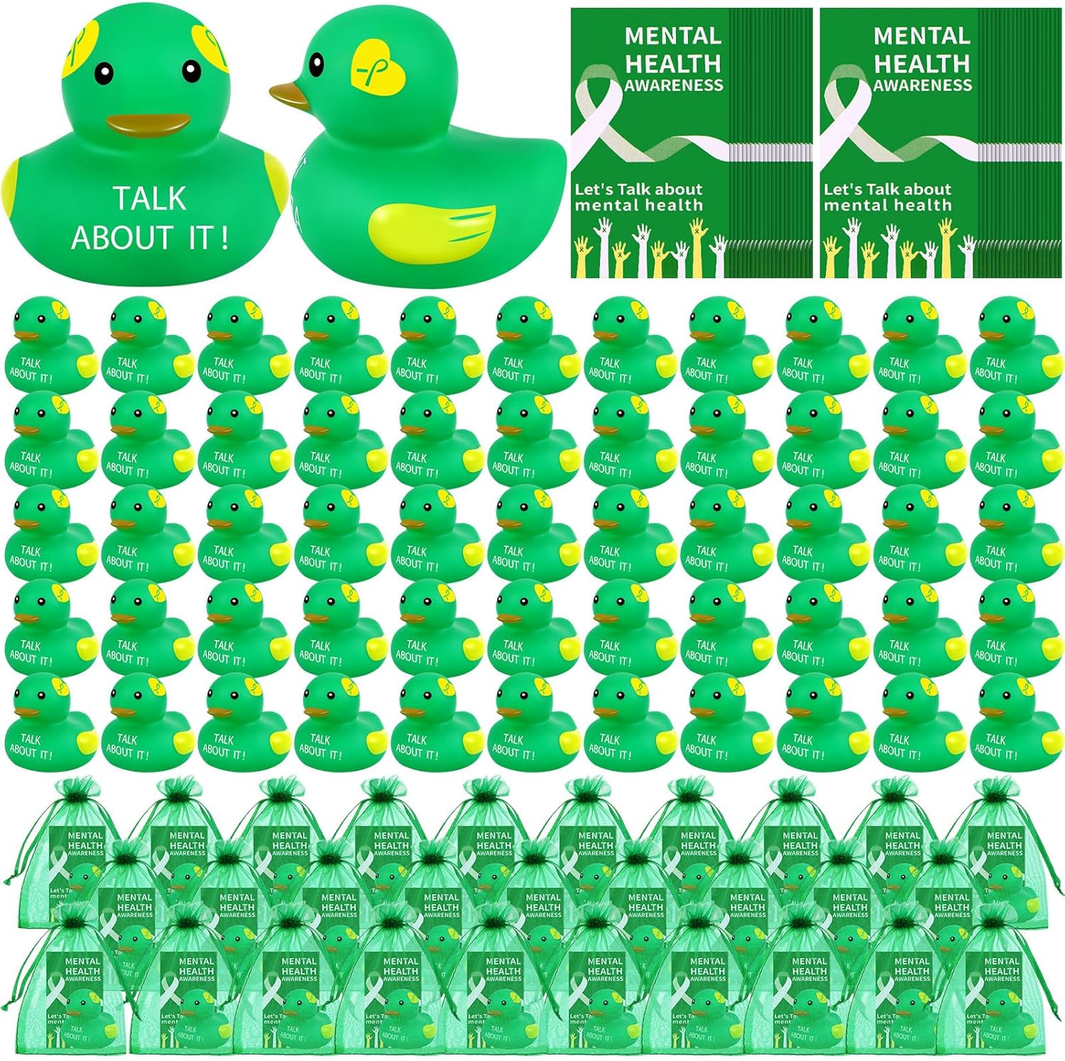 DEEKIN 100 Set Mental Health Rubber Duck Mental Health Awareness Gifts Include 100 Green Ribbon Rubber Duck 100 Cards and 100 Organza Bags for Friend Family Coworkers Fundraiser Giveaways