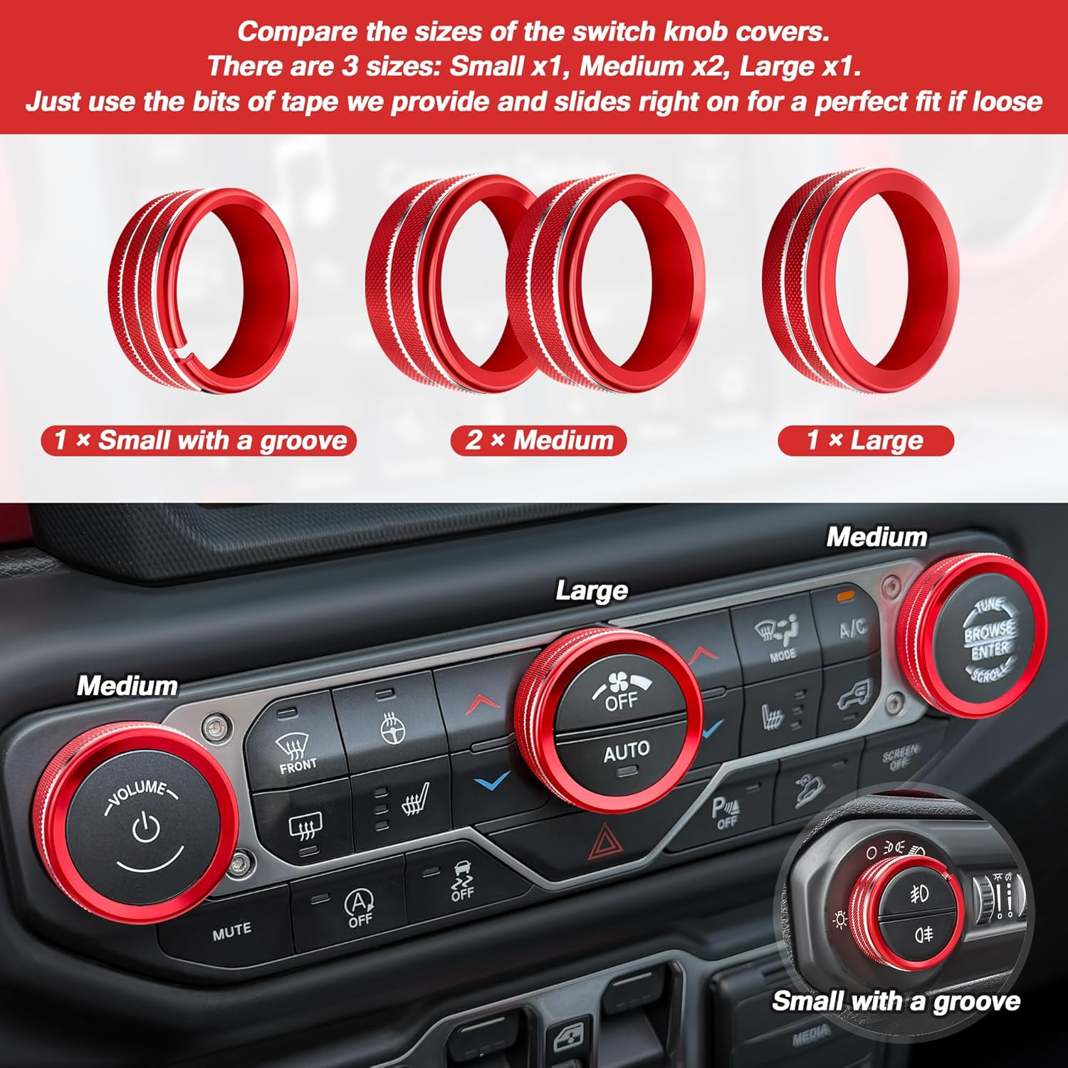 for 2018-2026 Jeep Wrangler JL/JLU & 2020-2026 Gladiator JT Accessories – 10PCS Aluminum Knob Cover Trim Set (Red) for Push Start, AC, Volume, Headlight & Window Switch Button