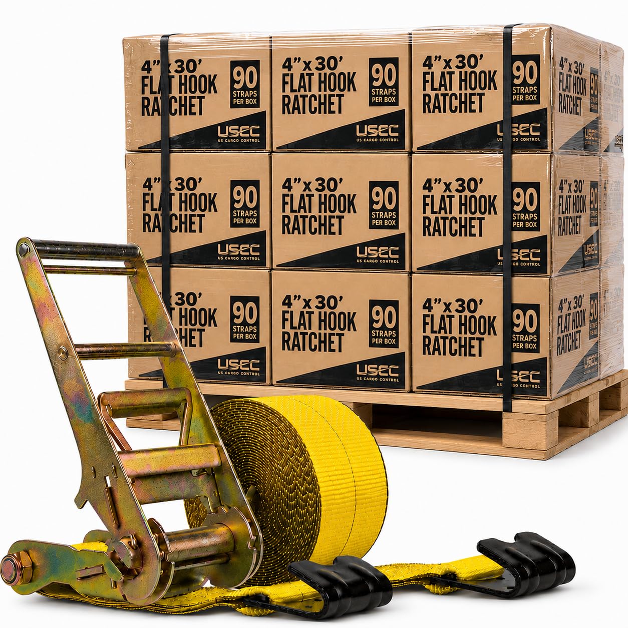 US Cargo Control Flat Hook Ratchet Straps 4” x 30’ (90-Pack), 5,400 LBS Working Load Limit, Yellow 4 Inch Ratchet Straps with Black Flat Hooks, Professional 4 Inch Straps for Flatbed Trailers