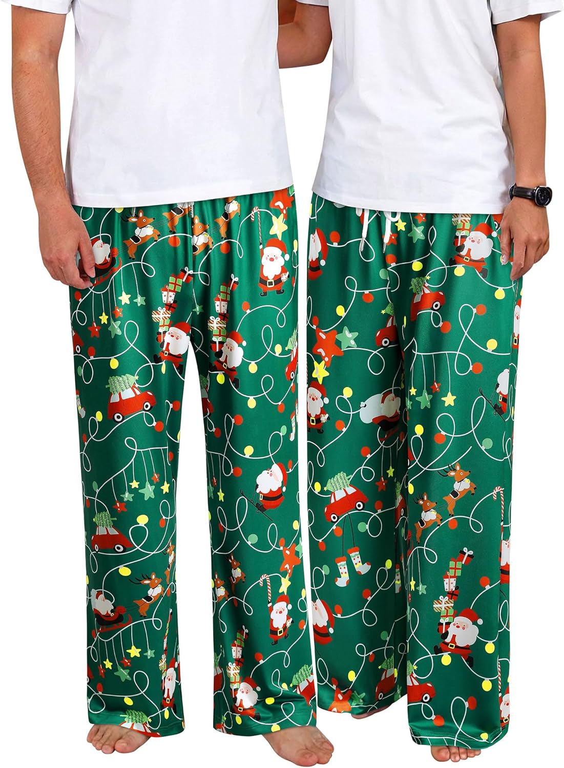 RMCMS Cute Christmas Snowman Reindeer Print Pajama Pants Sleep Lounge Pjs Bottoms with Pockets Green Women-Medium (One Piece)