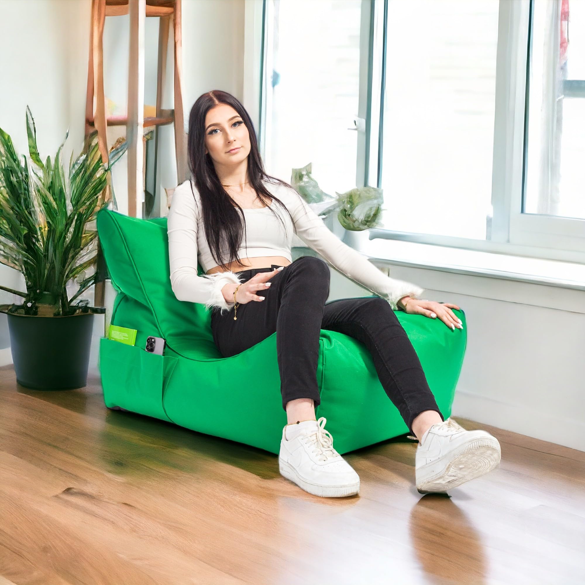 Ecopuf - Pufa Flavio Poliester - Worek do siedzenia z kieszenią do przechowywania i uchwytem - Fotel Beanbag z uchwytem - Wypełnienie styropianowe - 80x60x60cm - XL - Zielony Nc20