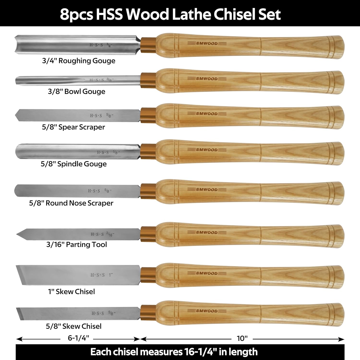 8pcs HSS Wood Lathe Chisel Set, Turning Tools with Wooden Box, Parting Tool, Spear Scraper, Skew Chisel 1" and 5/8”, Spindle Gouge, Round Nose Scraper, Bowl Gouge, Roughing Gouge.