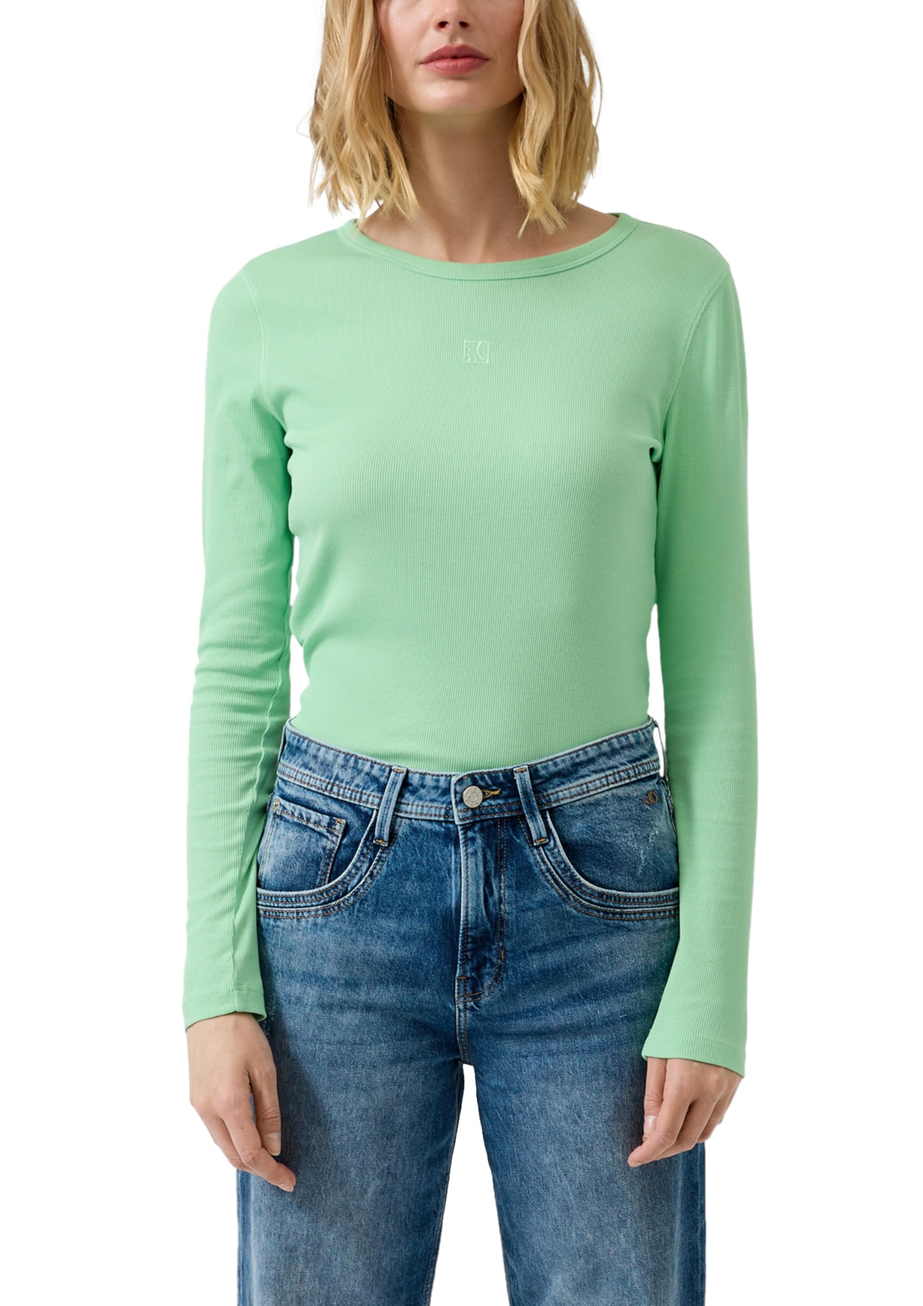 s.Oliver Geripptes Langarmshirt im Slim Fit mit Stickerei