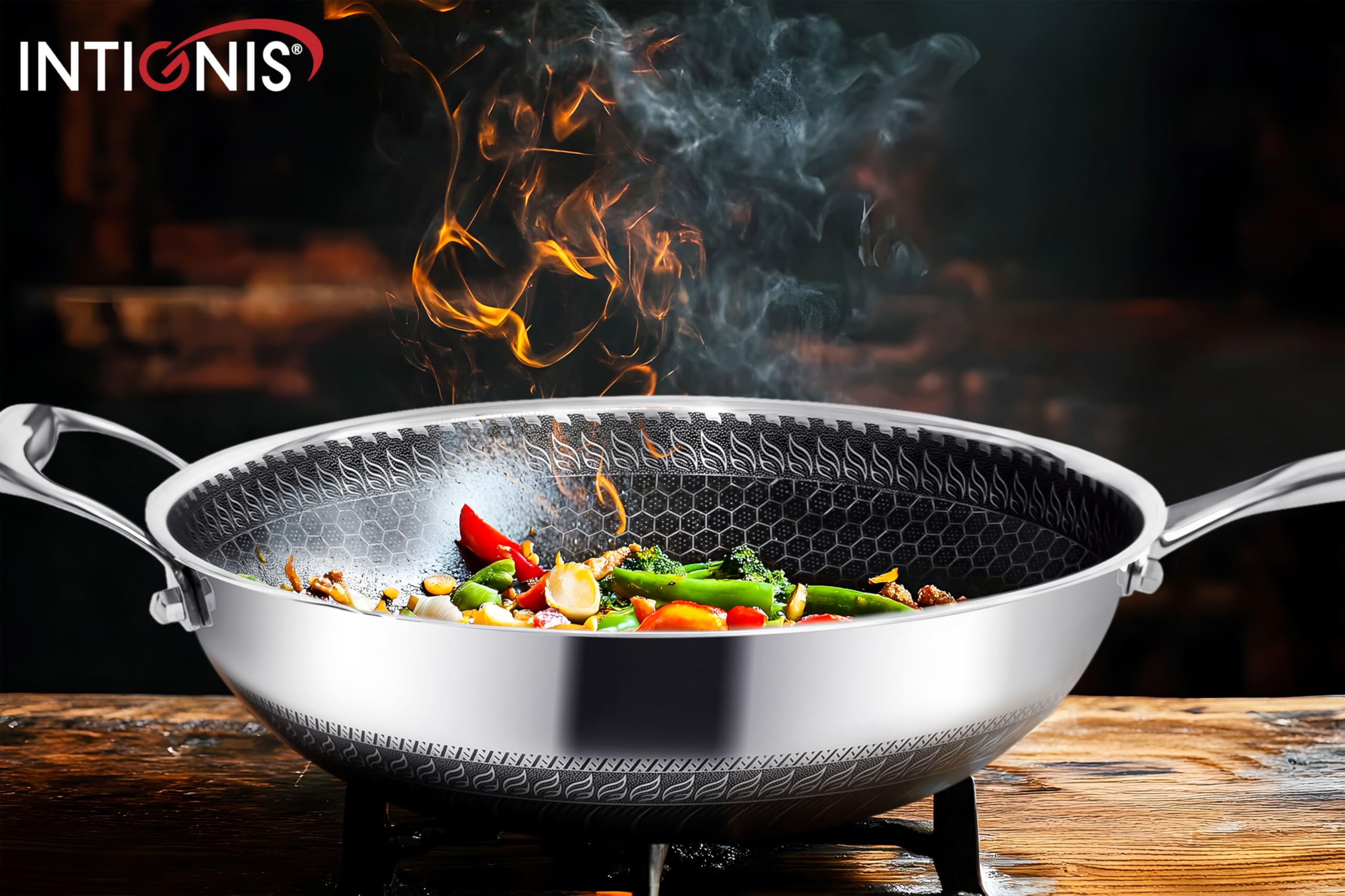 INTIGNIS® 28 cm stalowa patelnia do woka z pokrywką | 5L mocna patelnia nieprzywierająca | indukcja, odporna na piekarnik | zmywarkobezpieczna | odporna na zarysowania | duża patelnia z pokrywką do