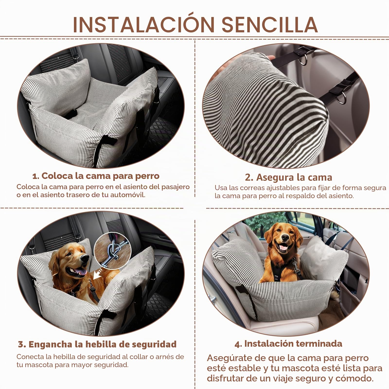 Asiento elevador de coche para perros pequeños y medianos, cinturón de seguridad, base antideslizante y bolsillos de almacenamiento