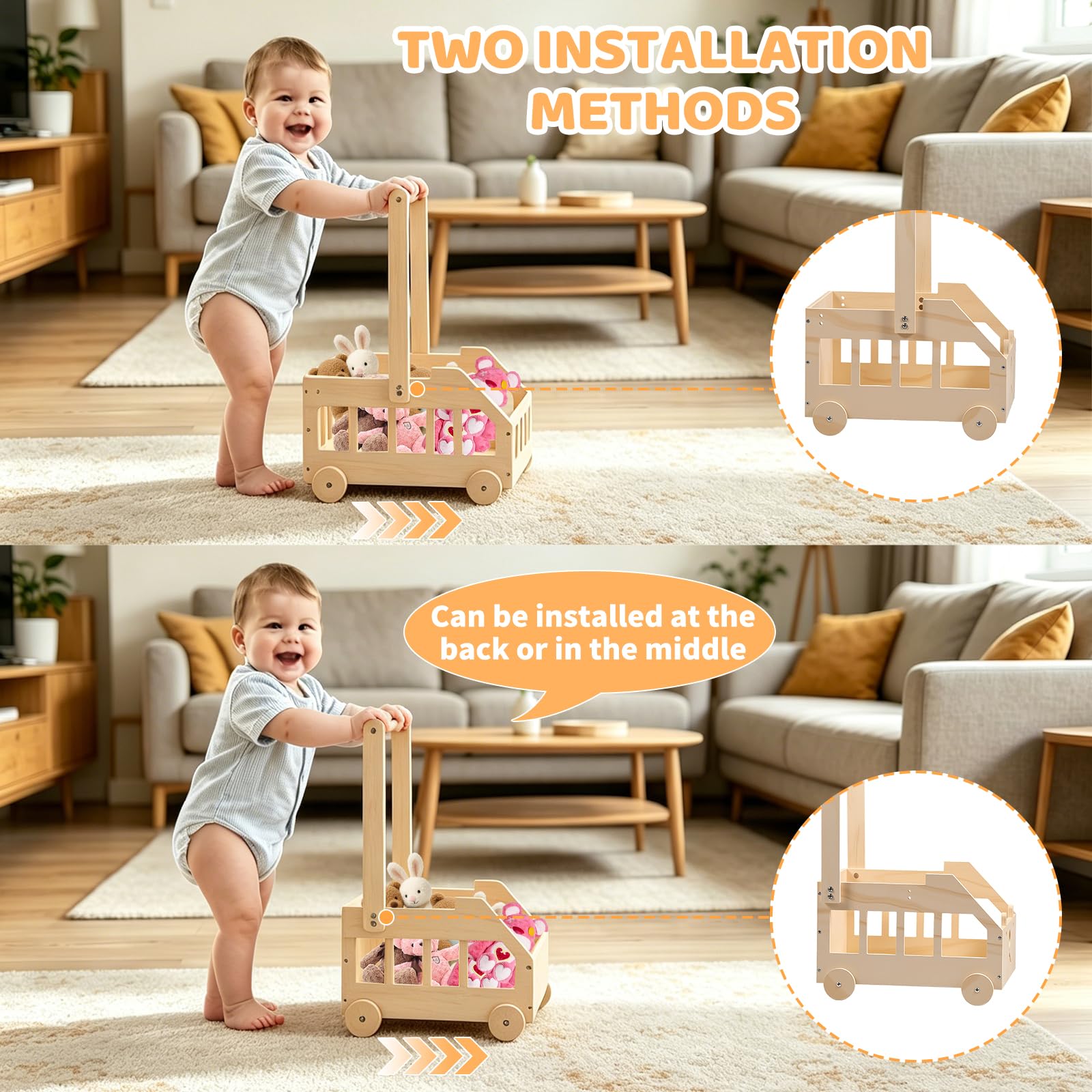 Cesto Nascita Bimbo in Legno con Ruote, Maniglia e 5 Grucce, Cesto Regalo Organizzatore per Prodotti Neonato, Idea Regalo Nascita e Regalo Baby Shower, Design Orsetto per Cameretta