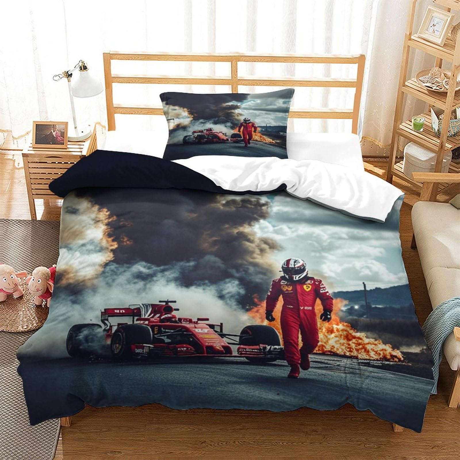 LILIlaobiao Ferrariii Breathable Bedding Set Hidden Zipper Formula racing Duvet Cover Set with Pillowcases Quilt Cover Set Soft Microfiber 3D Printing Comforter Cover Single（135x200cm）