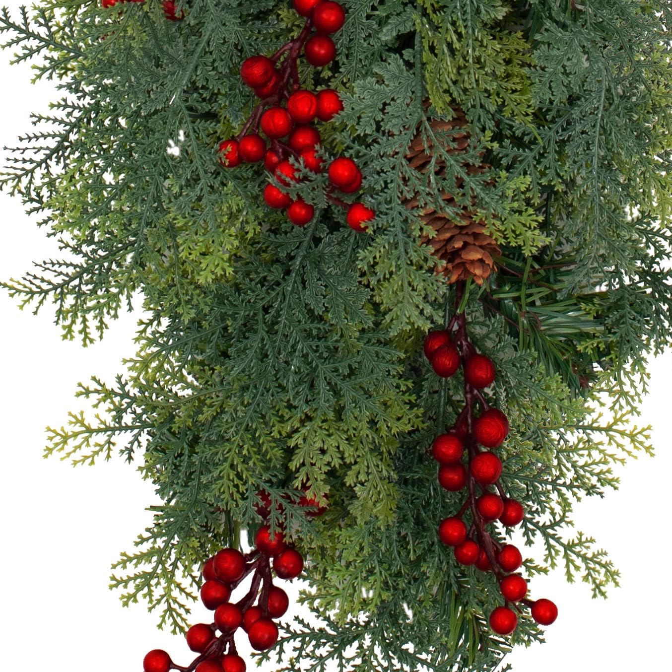 Haute Decor 20 Inch Pre-lit Classic Christmas Chairback Swag with Built-in Timer Artificial Berries, 15 Warm White Lights, and Real Pinecones