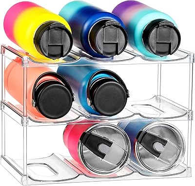 LARGER Compartment - Stackable Water Bottle Organizer Holder - for Stanley & Others' Large Tumbler - Clear Wine Rack, Cup Bottle Holder for Cabinet Home Countertop Fridge Pantry Shelf, 3 Tier Hold 9