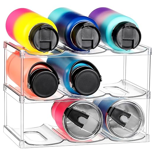 LARGER Compartment - Stackable Water Bottle Organizer Holder - for Stanley & Others' Large Tumbler - Clear Wine Rack, Cup Bottle Holder for Cabinet Home Countertop Fridge Pantry Shelf, 3 Tier Hold 9