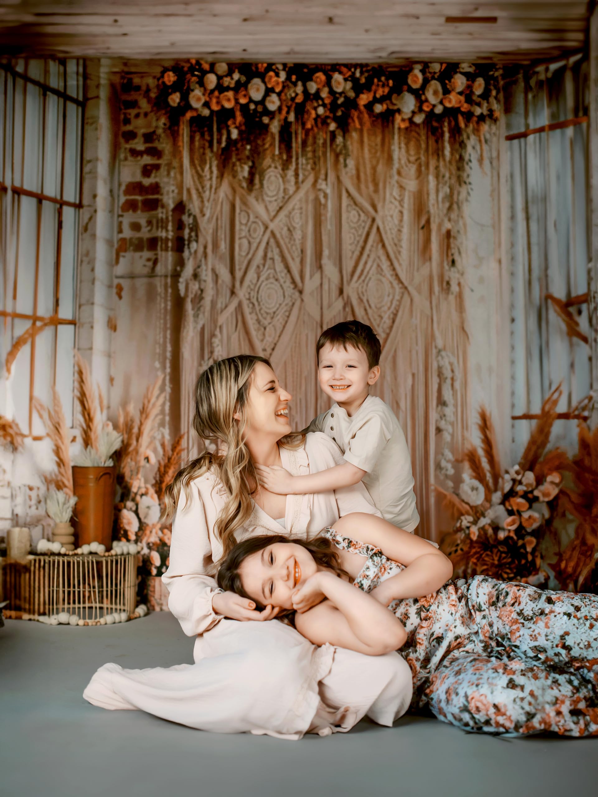Kate Boho Photographie Toiles de Fond 3x2m/10x6.5ft Floral Rétro Mur de Briques Pampas Herbe Bohème Mariage Photocall Enfants Anniversaire Décoration Fond Photo Studio