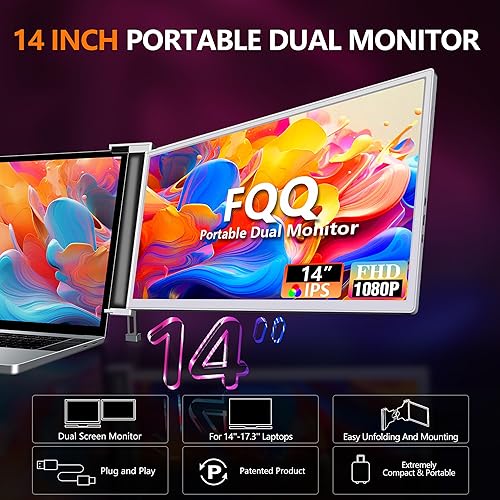 Miniatura 2 de FQQ Monitor de pantalla dual de 14 pulgadas - Extensor de monitor portátil FHD 1080P IPS con puerto USB-C y mini HDMI, Plug & Play, fácil de