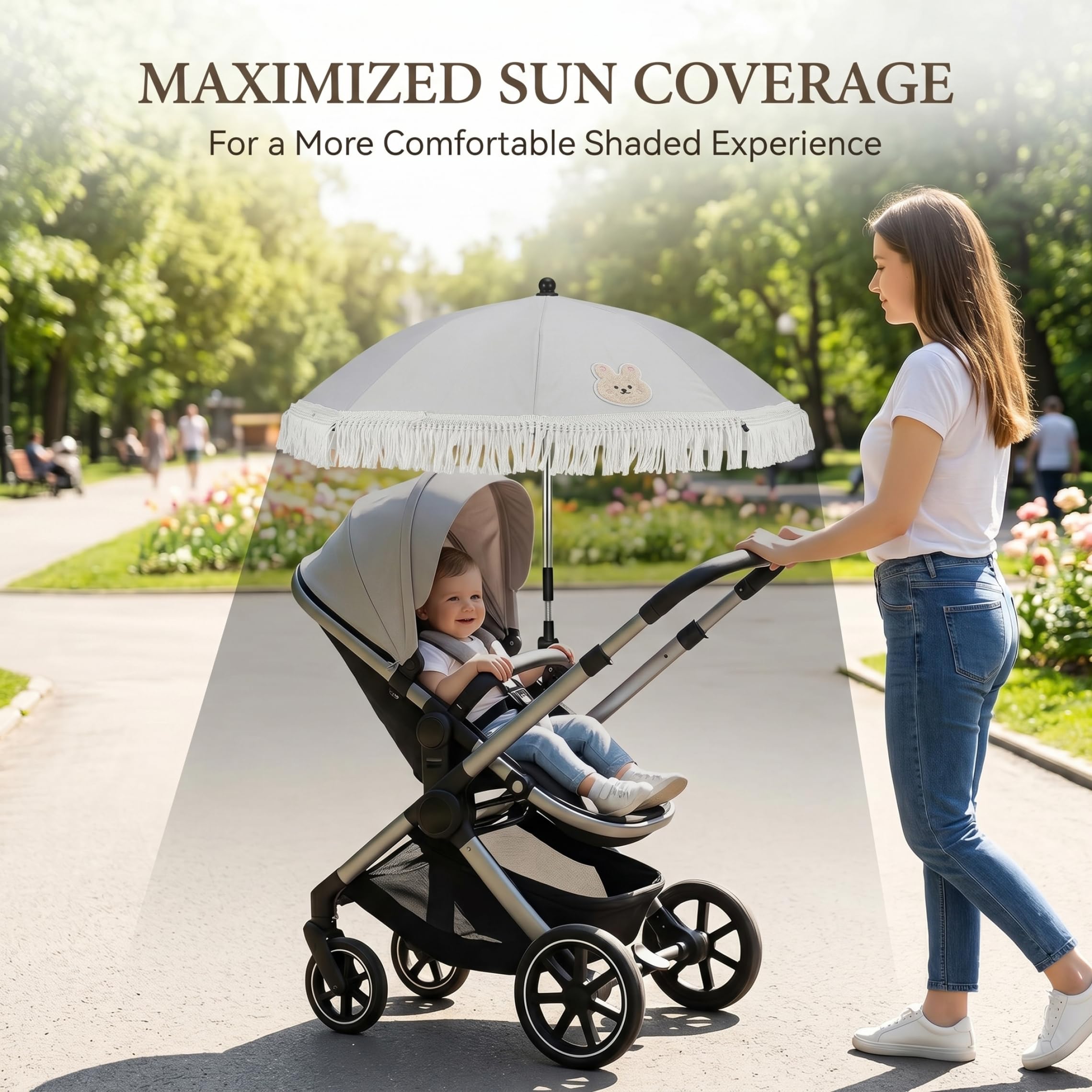 Silla de playa para bebé con sombrilla, silla segura para niños pequeños con sombrilla con abrazadera, revestimiento plateado reflectante UV y ribete de encaje para protección solar, 65x77 cm