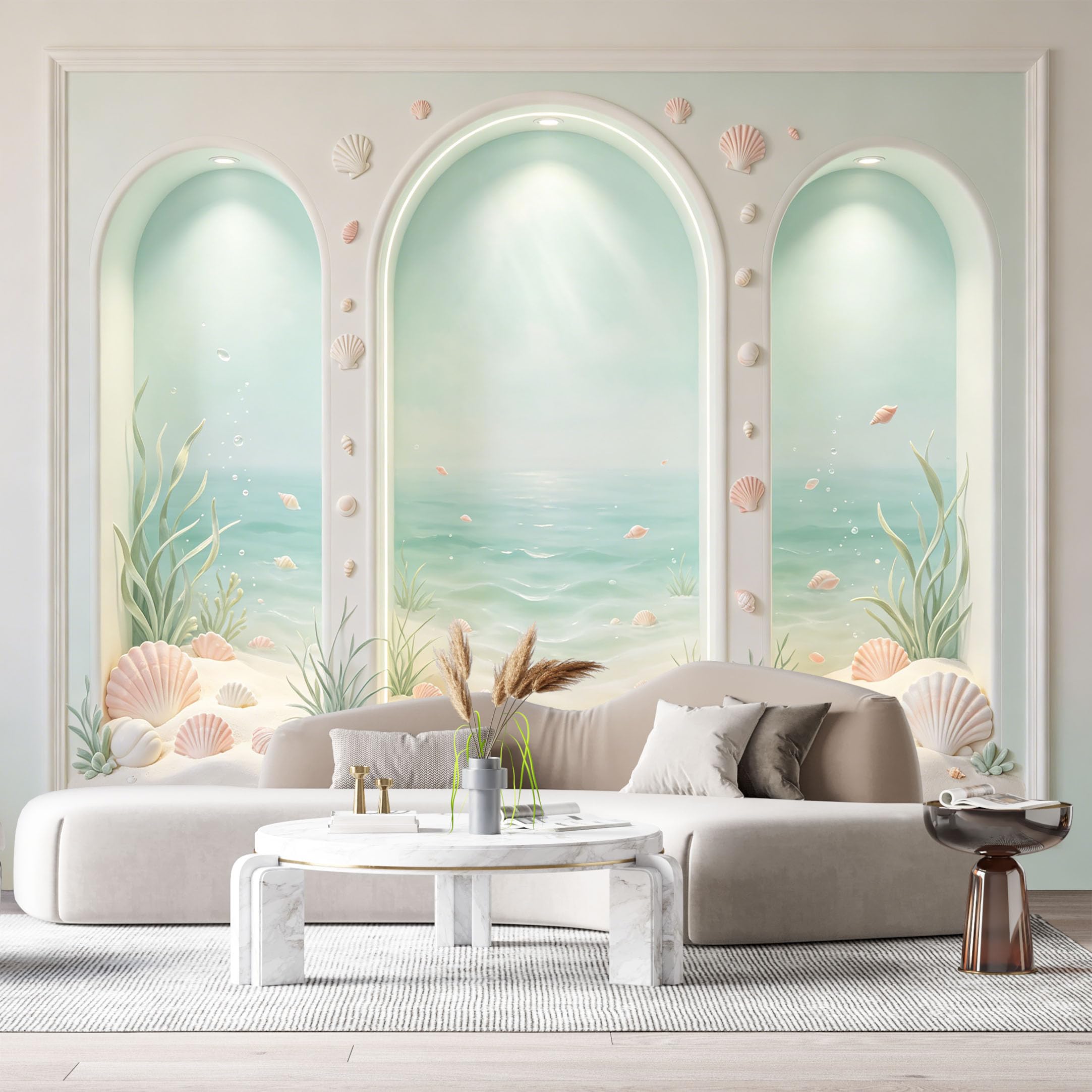 Custom Size Wall Murals Coastal Ocean Marine Archway Seashell 3D Trompe L'Oeil SelfAdhesiveWall Fabric Removable Wallpaper Wall Decor for Living Room Bedroom Bathroom