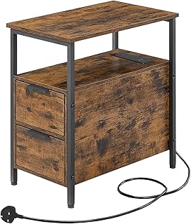 VASAGLE Slim Side Table with Charging Station, Narrow End Table with 2 Drawers, Bedside Table with Storage, for Living Room, Bedroom, Rustic Brown and Classic Black LET326B01