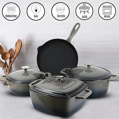 Enameled Cast Iron Cookware Set-Premium Cast Iron Pans for Dutch Oven Cooking Pots, 4 Set (7pieces) Long-lasting Cookware (NE