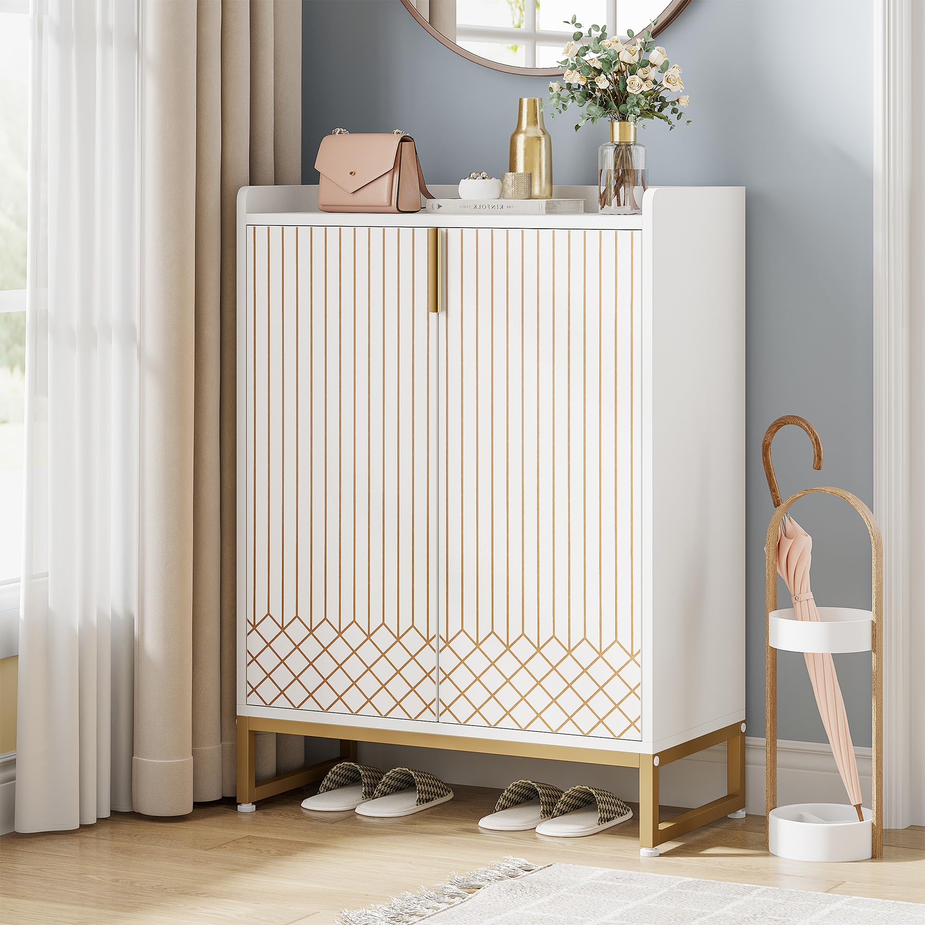 Tribesigns 5-Tier Shoe Cabinet with Doors, White Wooden Shoe Storage for 25 Pairs, Space-Saving Rack Organizer for Entryway, Living Room, Hallway