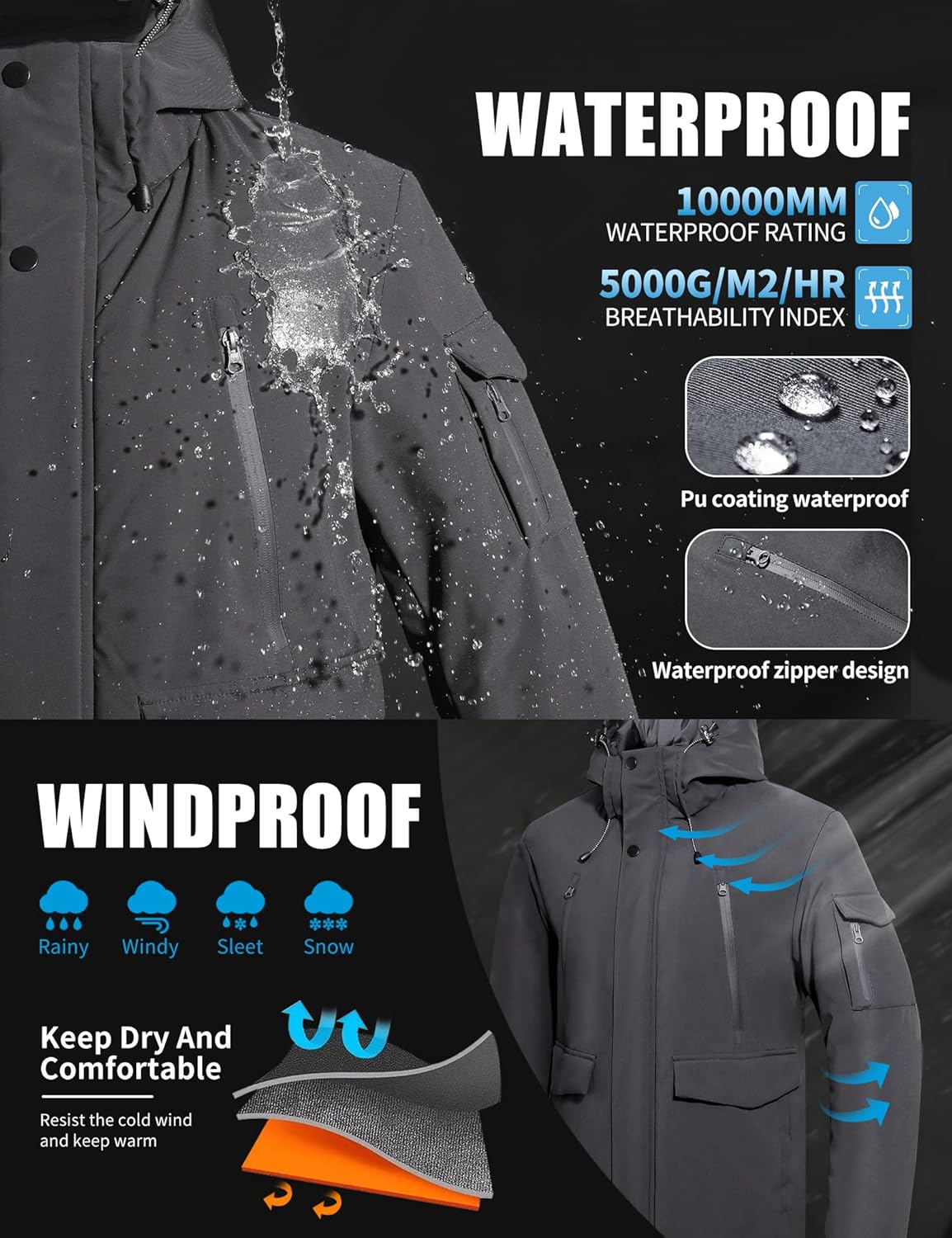 Pioneer Camp Men's Winter Coat Waterproof Fleece Lined Warm Winter Jacket with 9 Pockets Insulated Windproof Hooded Parka - Image 3