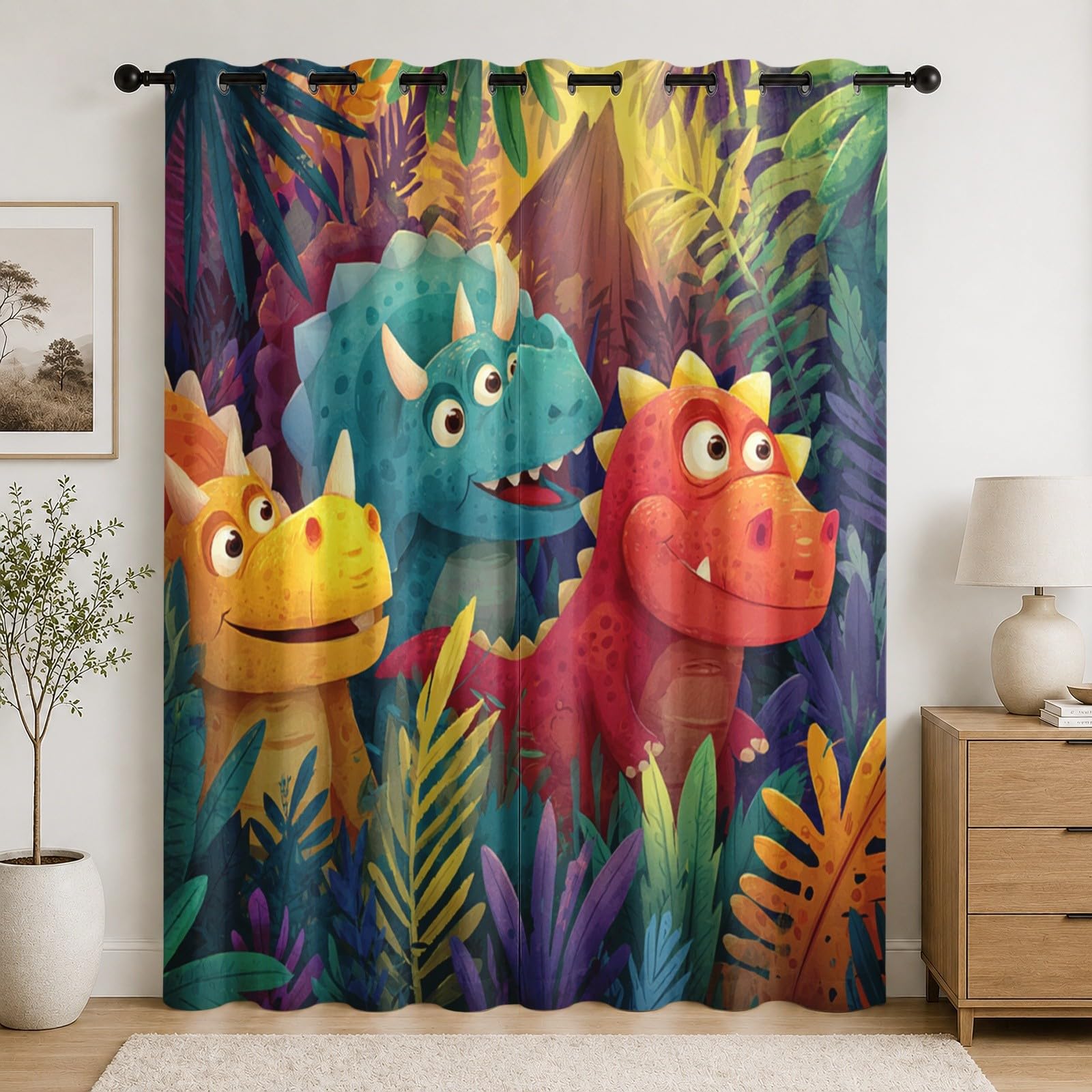 Rideaux occultants dinosaure 140x225cm en polyester à œillets pour chambre d'enfant