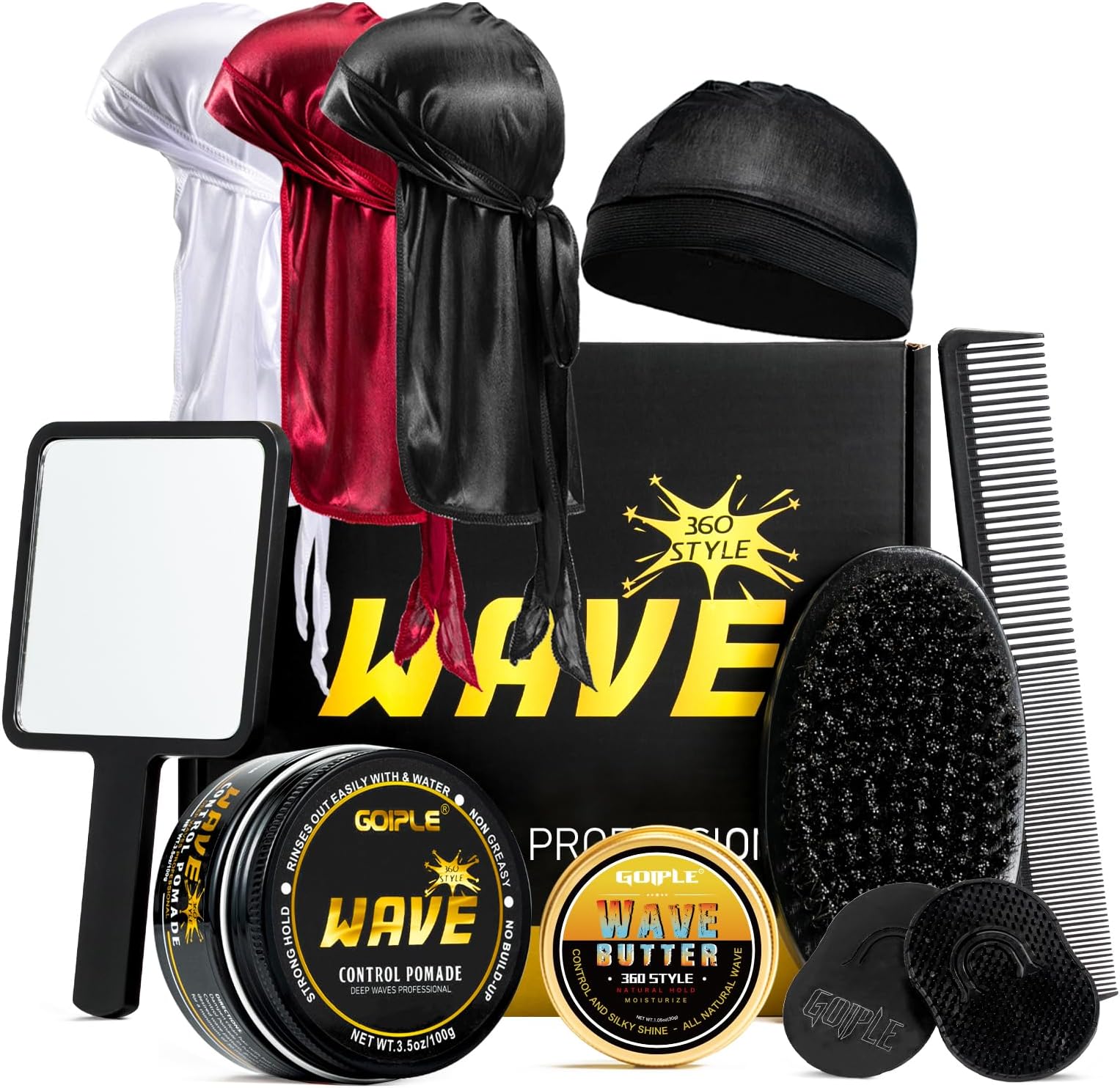 Wave Pomade for Men Strong Hold Easy Wash Hair Cream Grease, Promotes Layered Waves, Moisture, Shine, Brush and Durag Cap Set